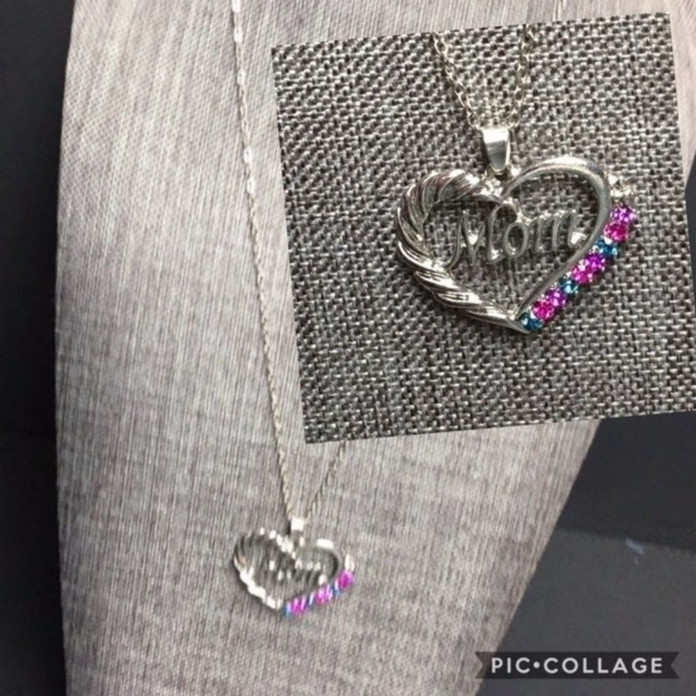 Silver Heart Necklace Mom Mother Multicolor Rhinestone Pink Blue Purple